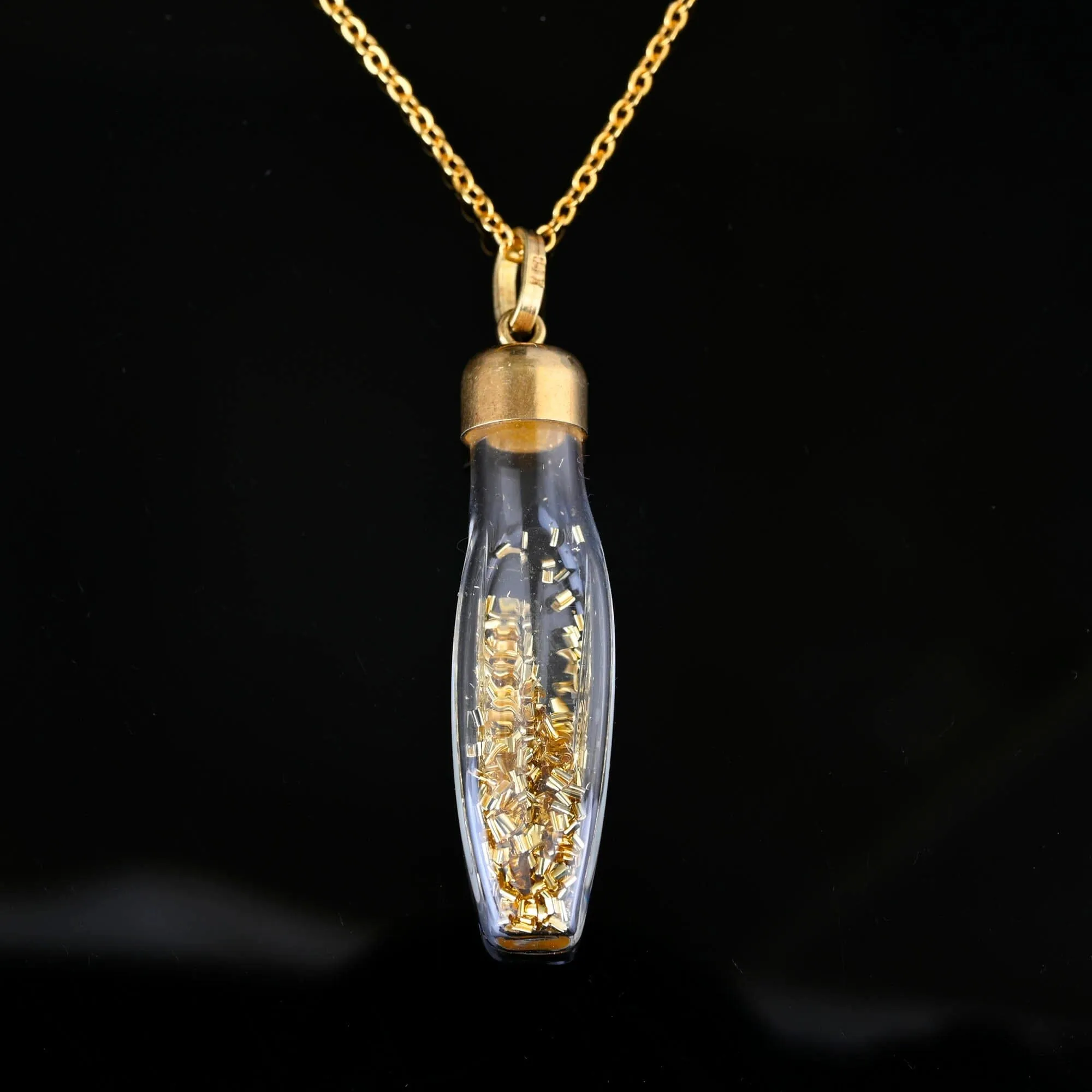 Vintage 14K Gold Flakes Glass Shaker Bottle Pendant