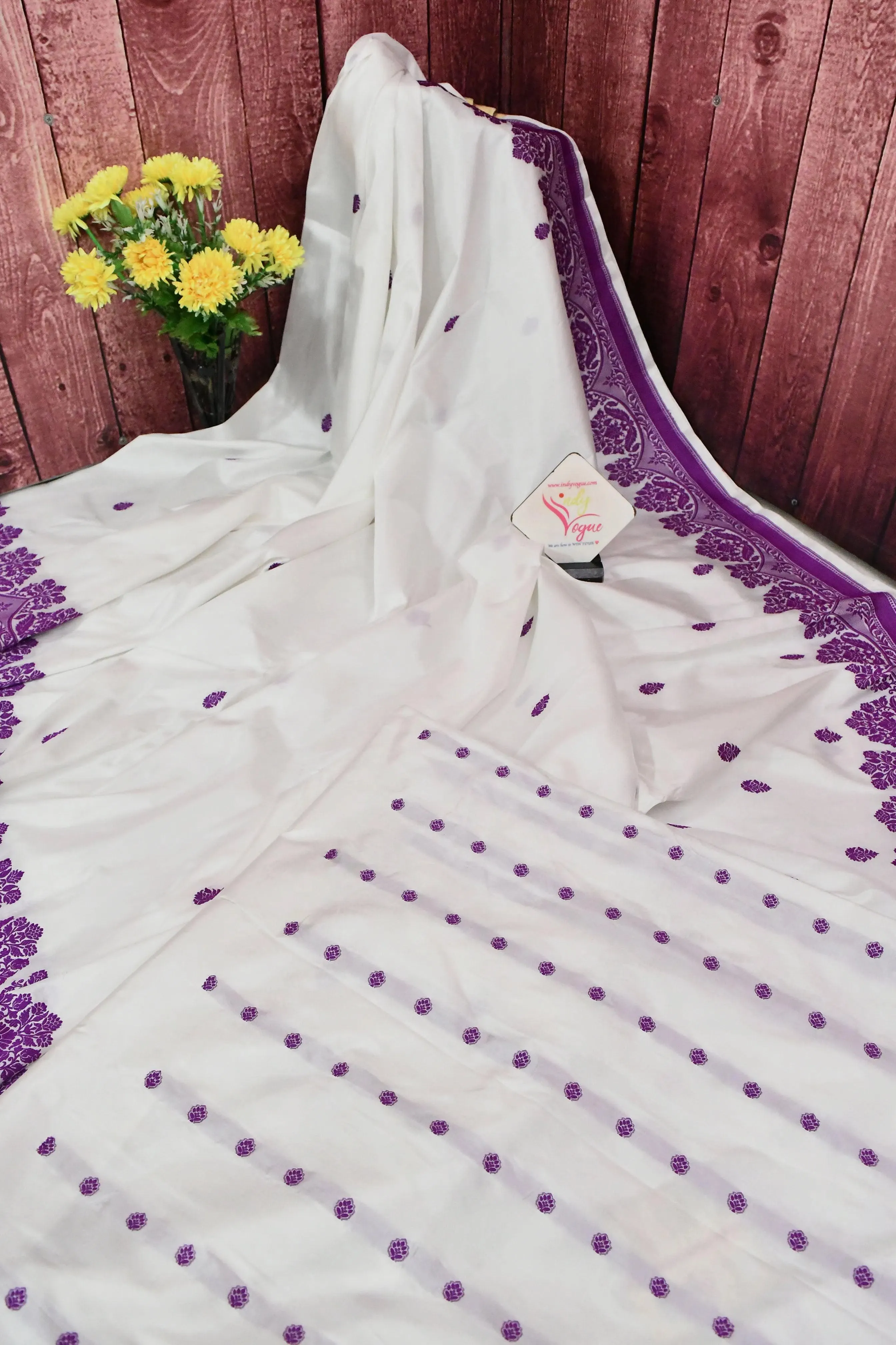 White and Purple Color Pure Katan Banarasi Saree with Resham Buti