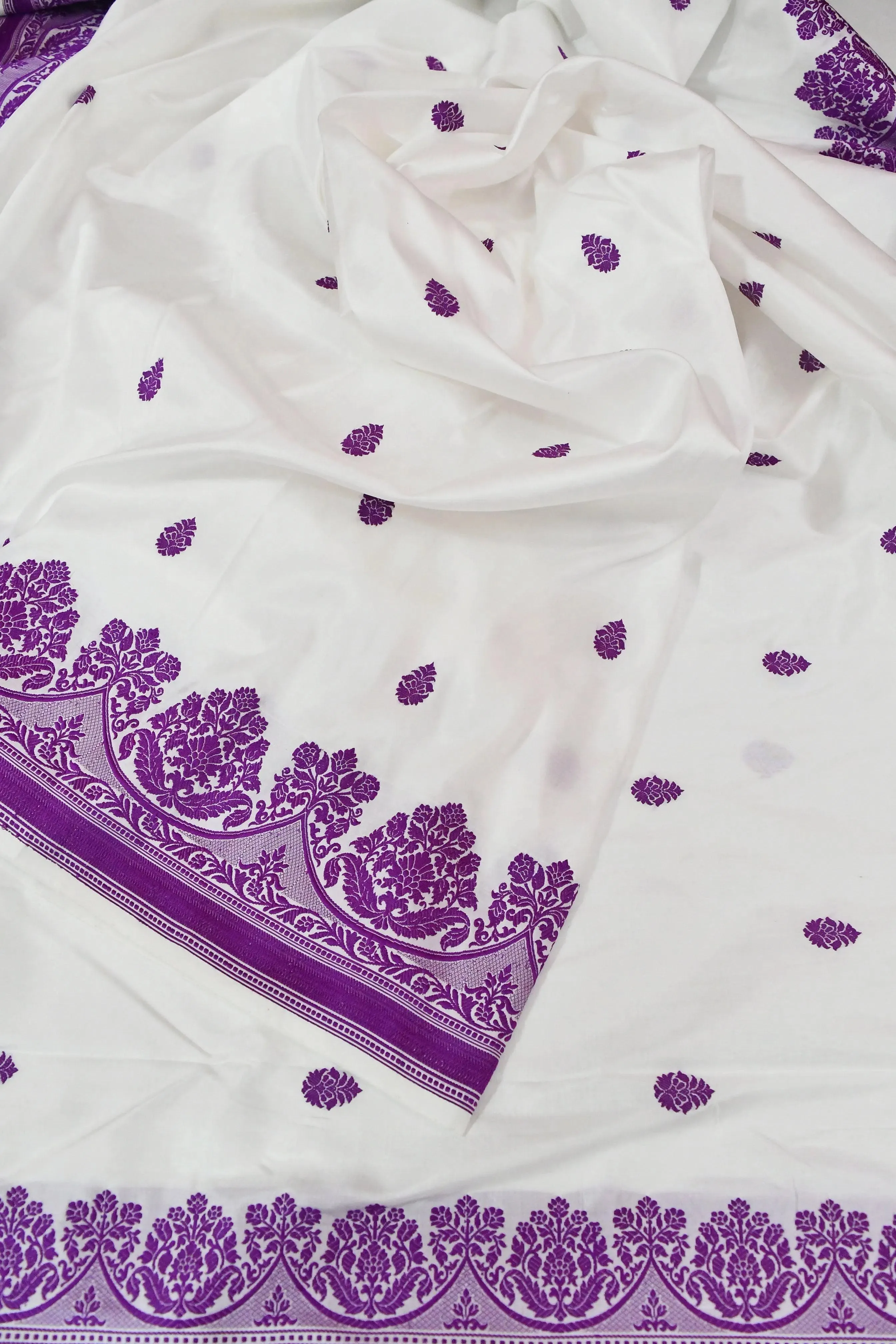 White and Purple Color Pure Katan Banarasi Saree with Resham Buti