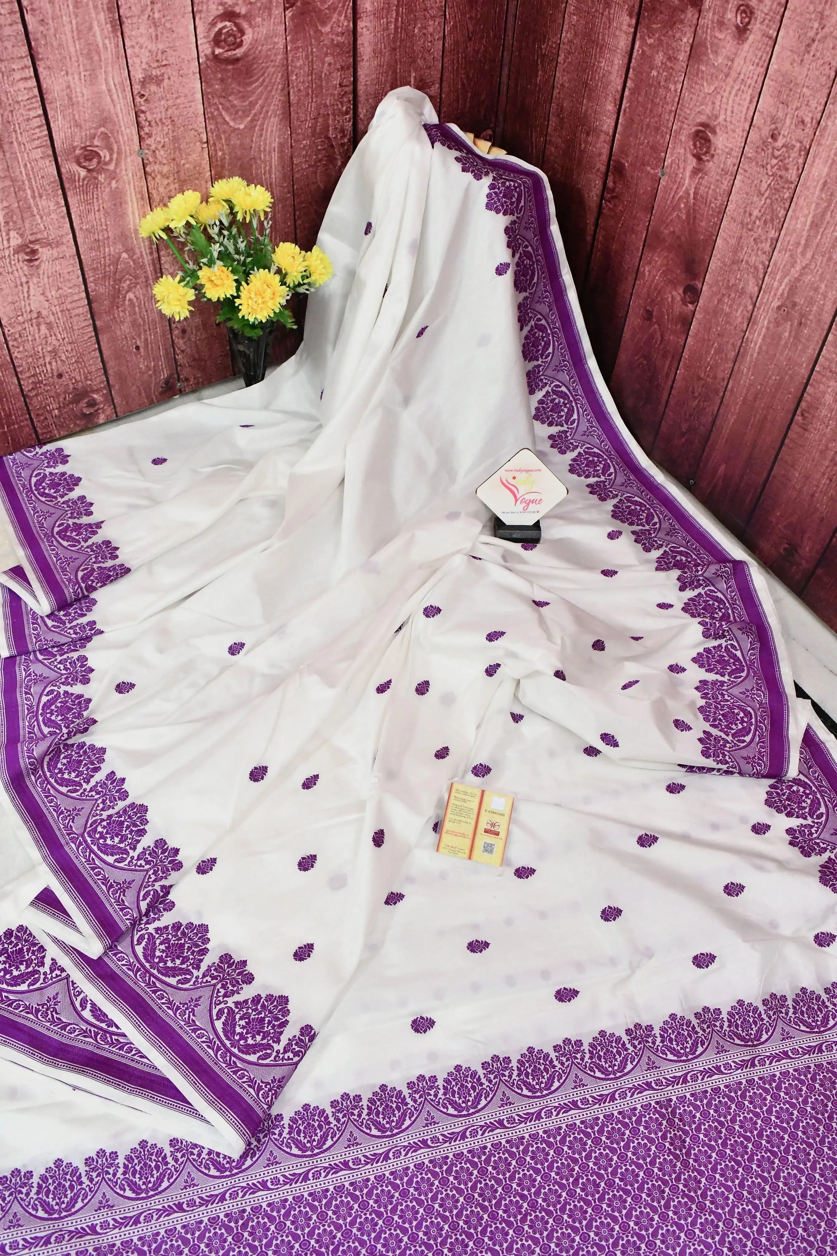 White and Purple Color Pure Katan Banarasi Saree with Resham Buti