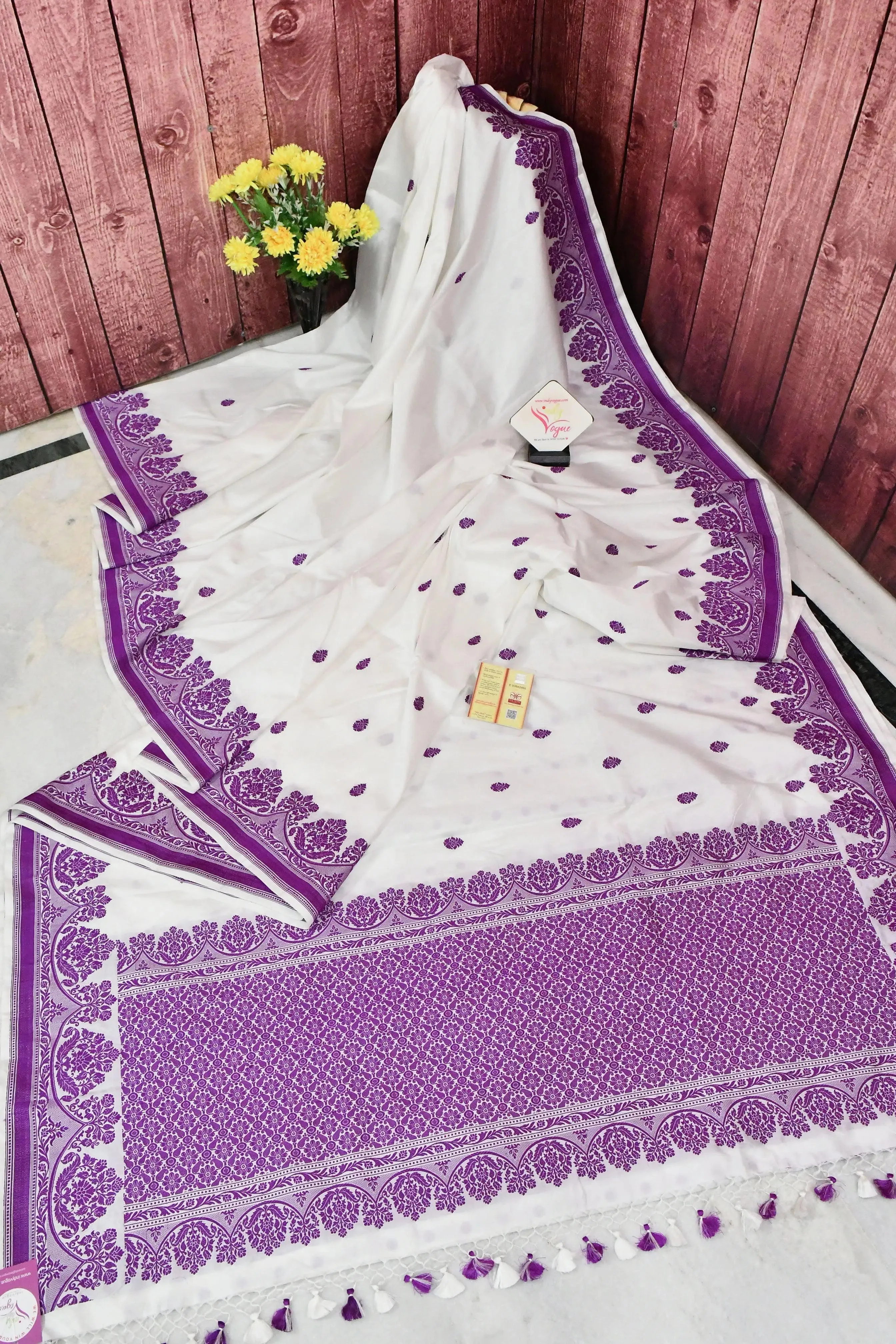 White and Purple Color Pure Katan Banarasi Saree with Resham Buti