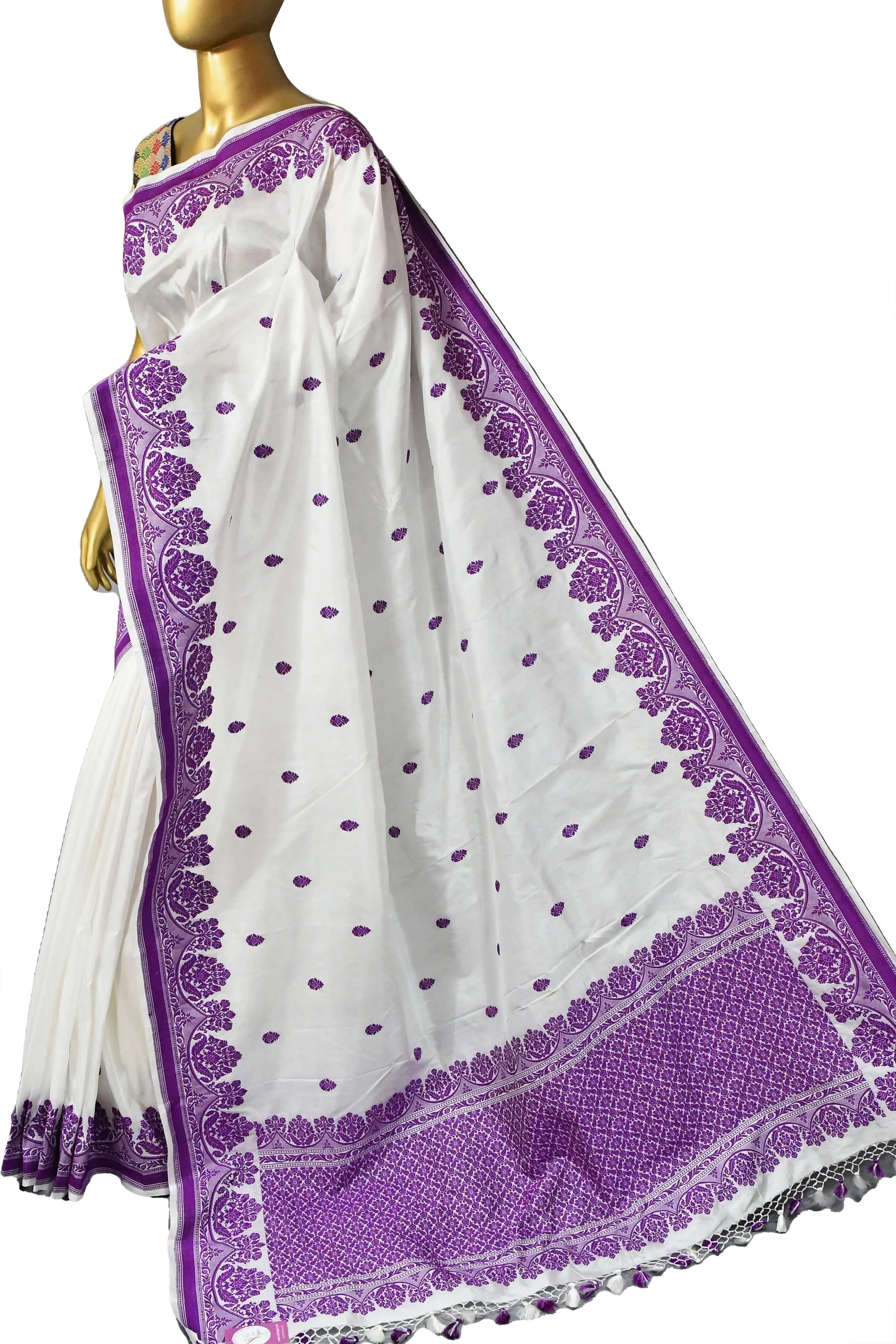 White and Purple Color Pure Katan Banarasi Saree with Resham Buti