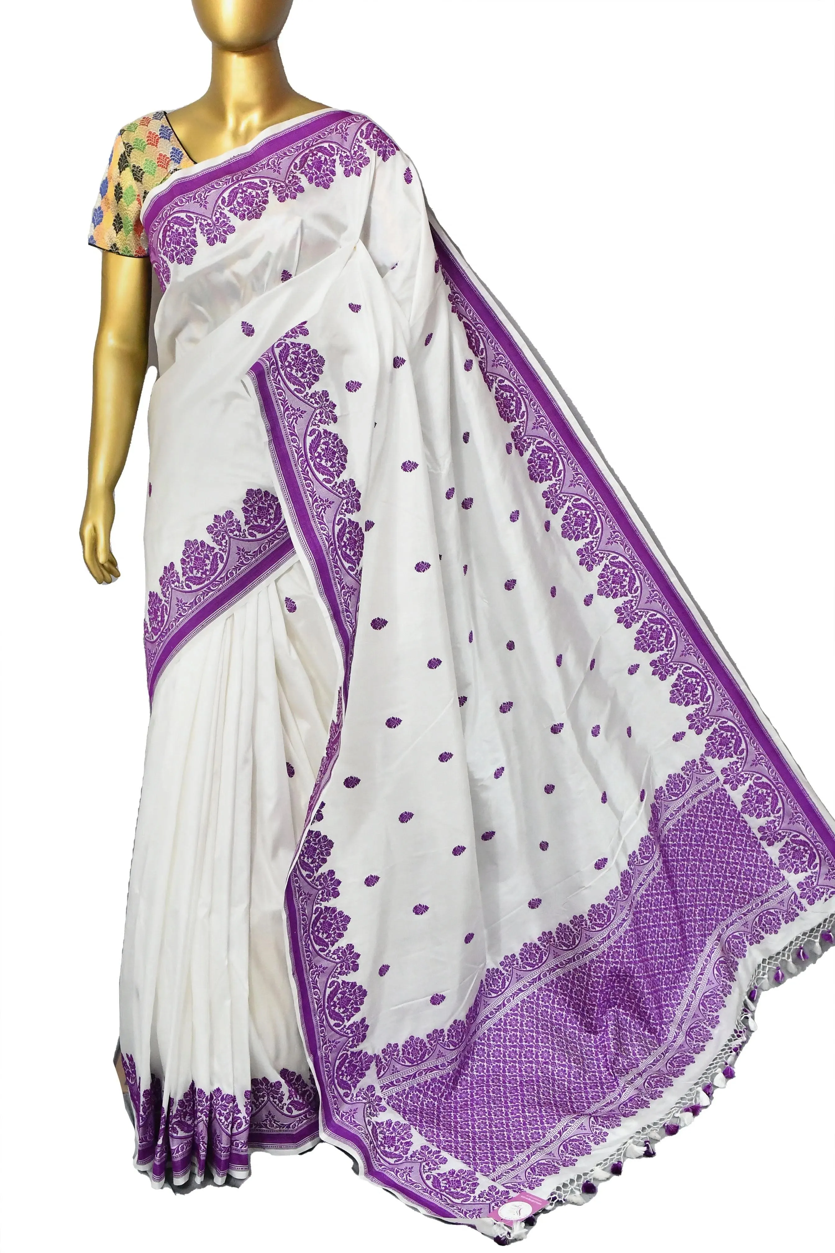 White and Purple Color Pure Katan Banarasi Saree with Resham Buti