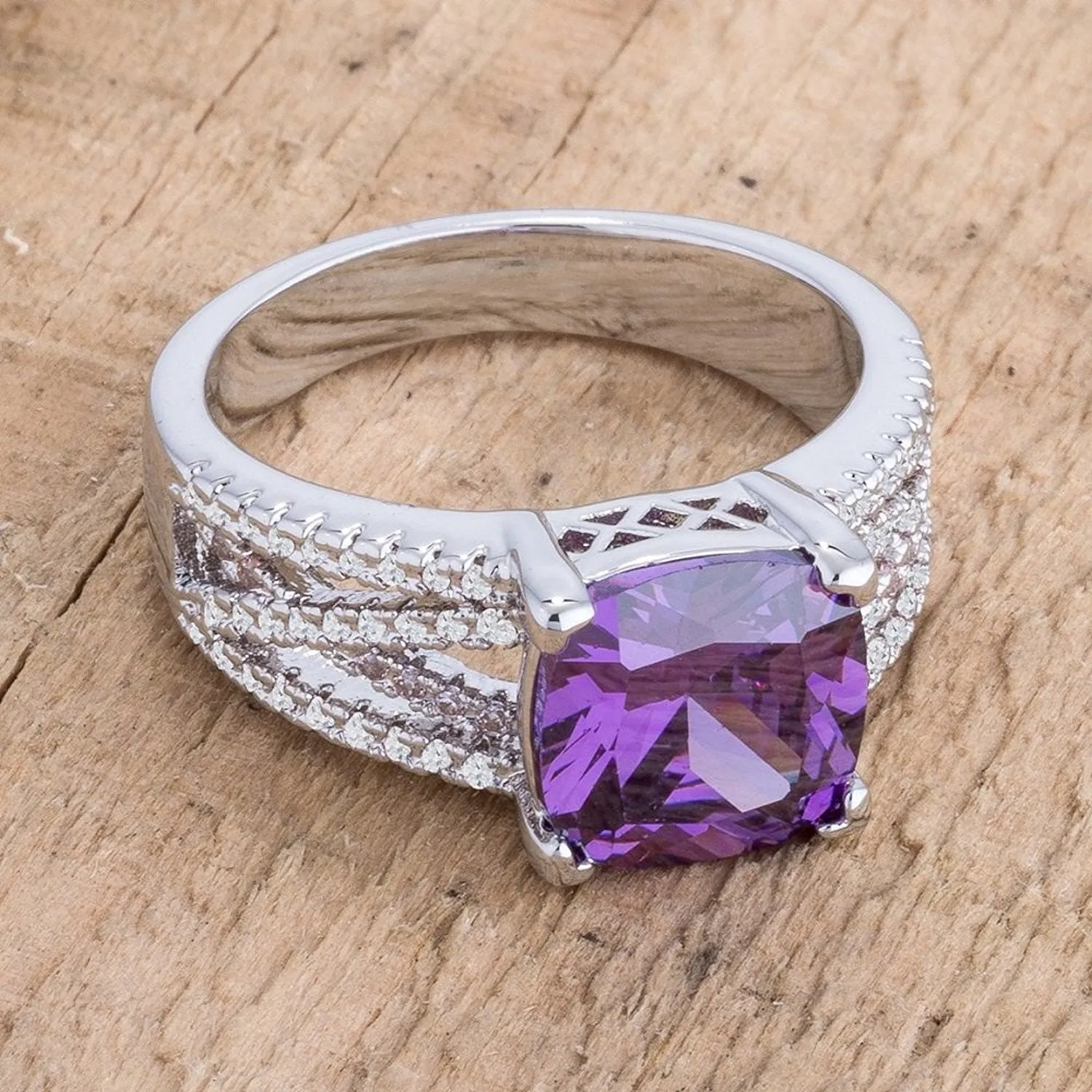 WildKlass 3Ct Elegant Silvertone Criss-Cross Amethyst Purple CZ Engagement Ring