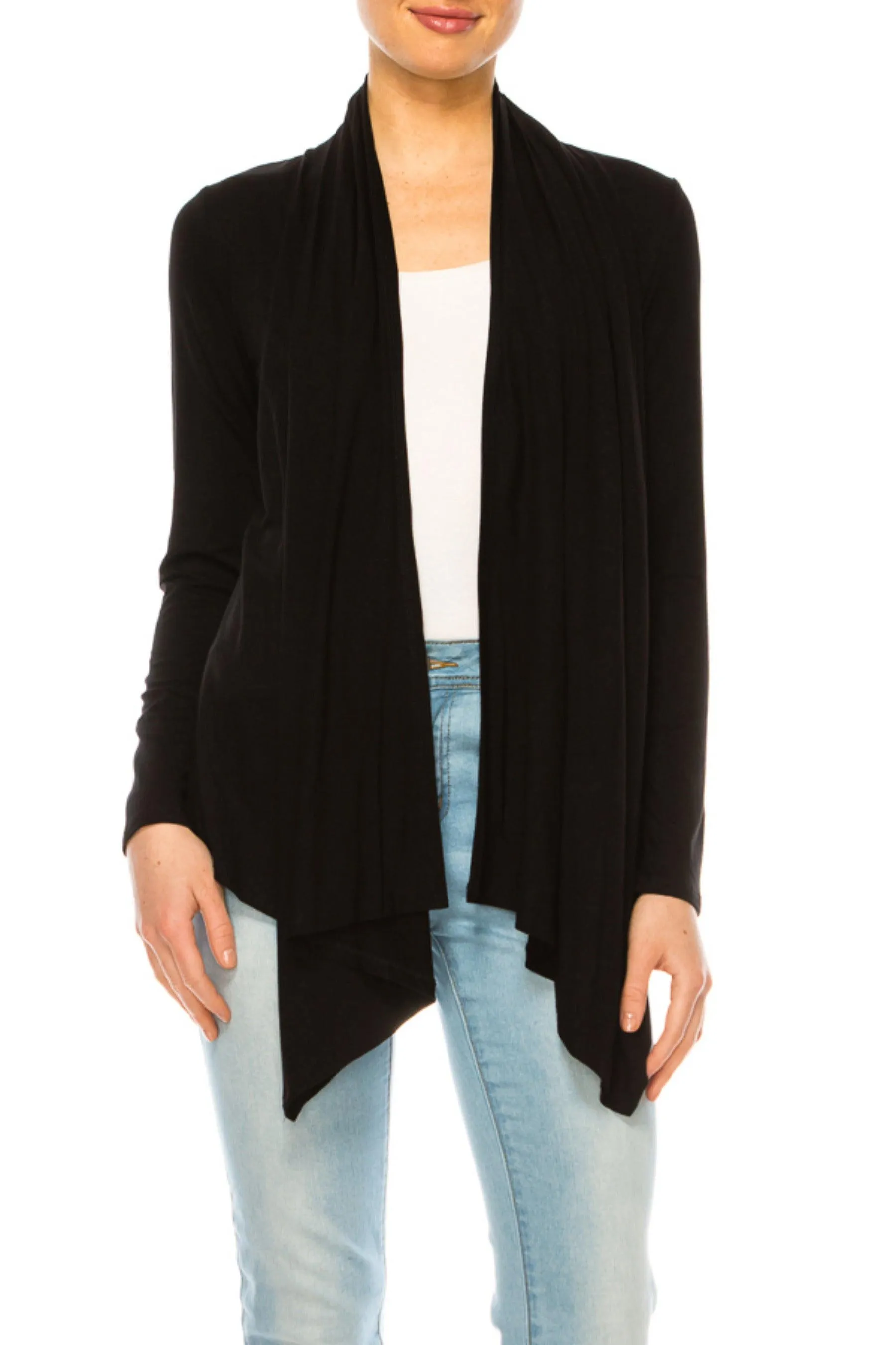 Women's Asymmetric Hem Cardigan with Draped Neck and Open Front