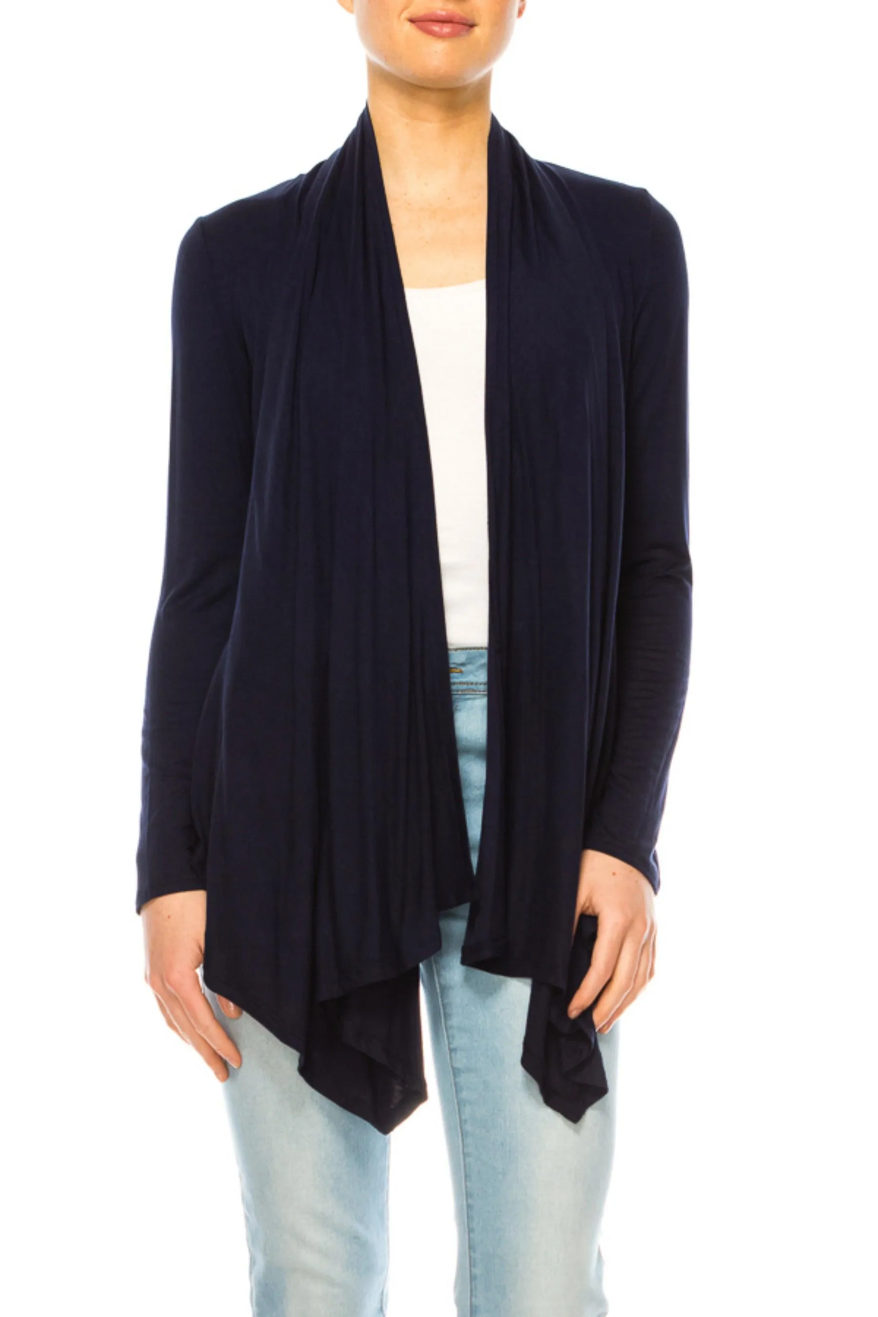 Women's Asymmetric Hem Cardigan with Draped Neck and Open Front