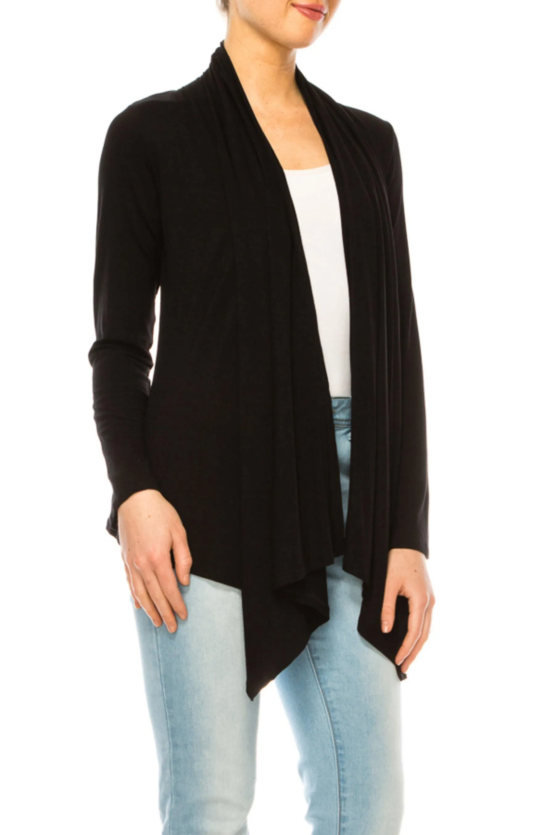 Women's Asymmetric Hem Cardigan with Draped Neck and Open Front