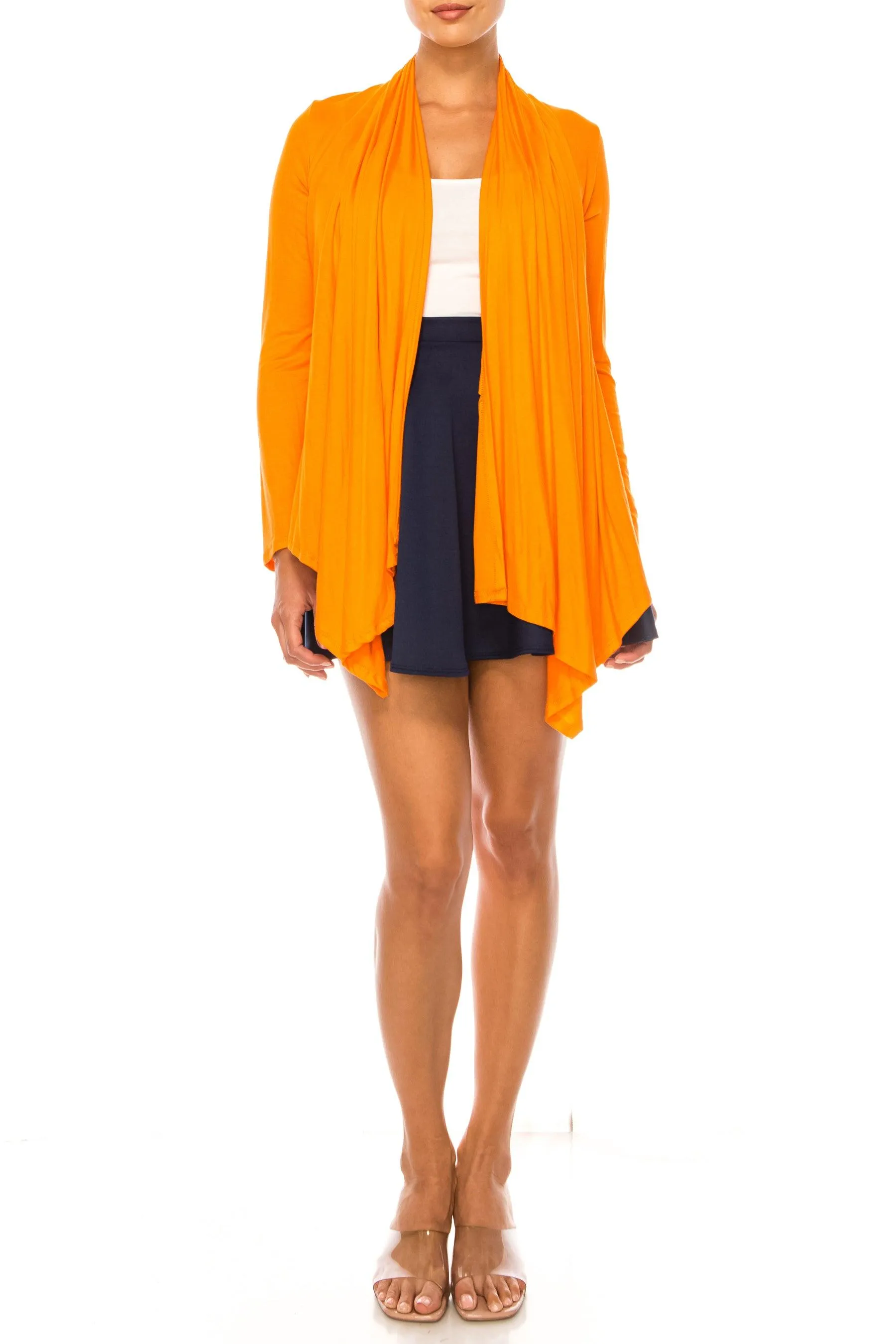 Women's Asymmetric Hem Cardigan with Draped Neck and Open Front