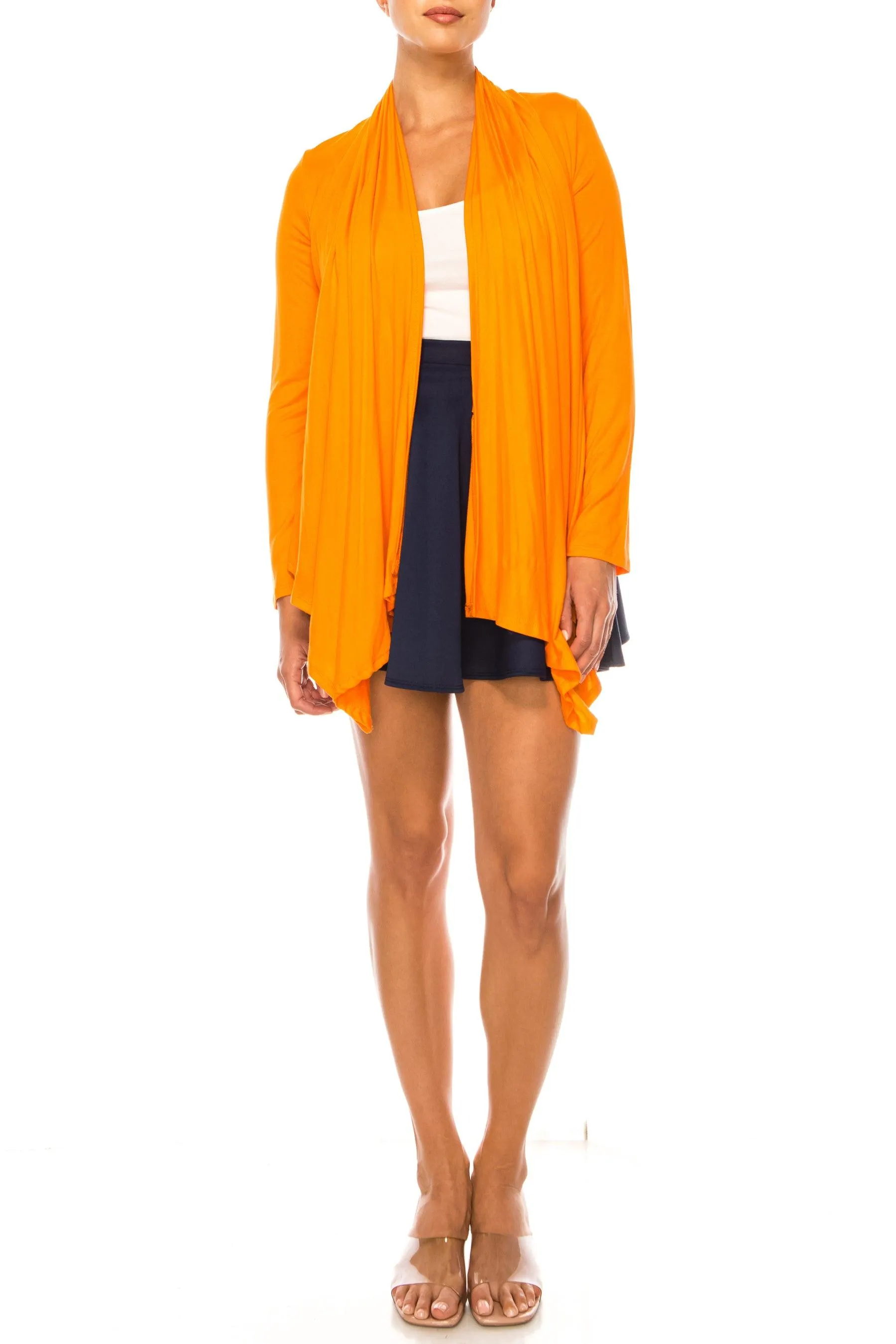 Women's Asymmetric Hem Cardigan with Draped Neck and Open Front