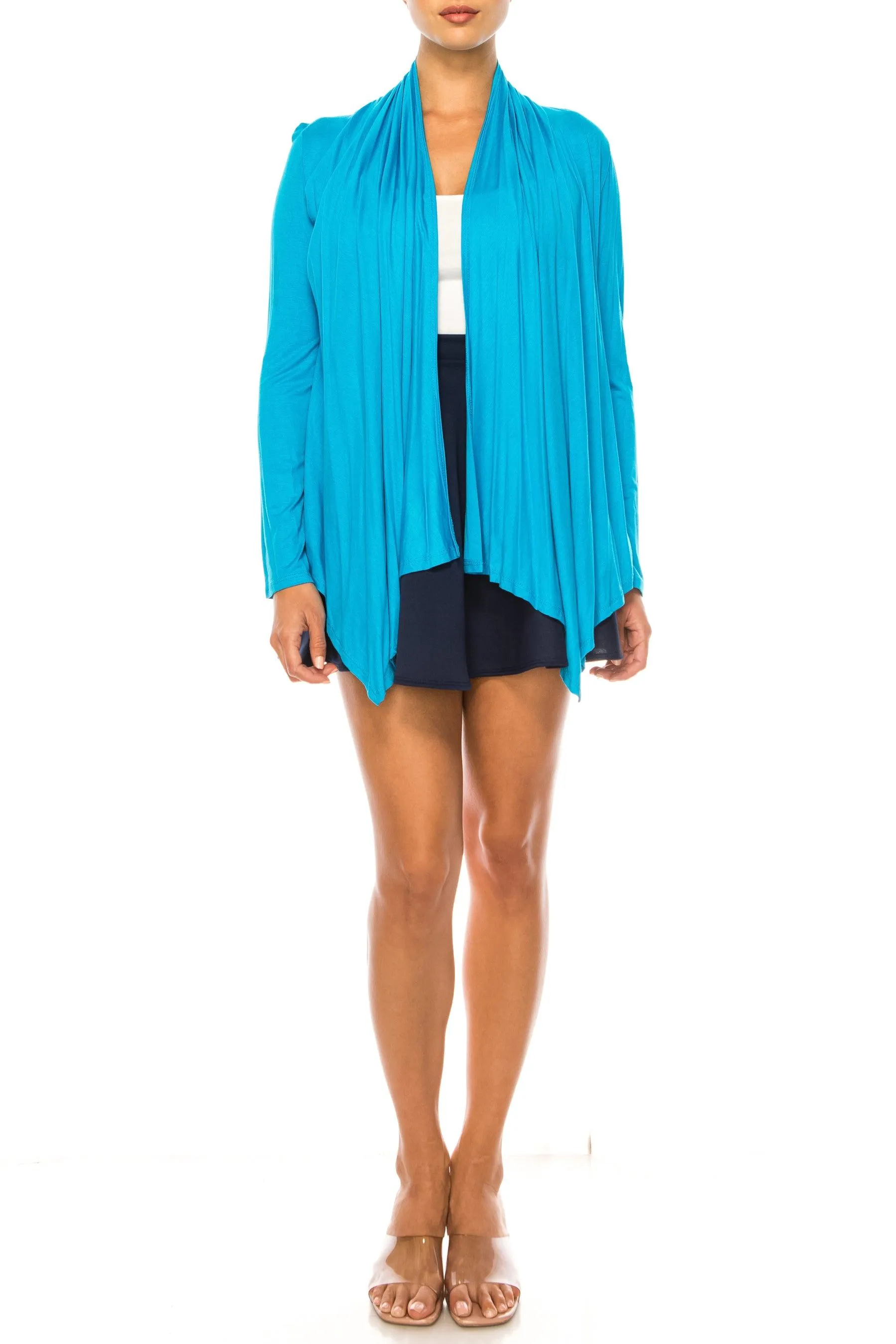 Women's Asymmetric Hem Cardigan with Draped Neck and Open Front