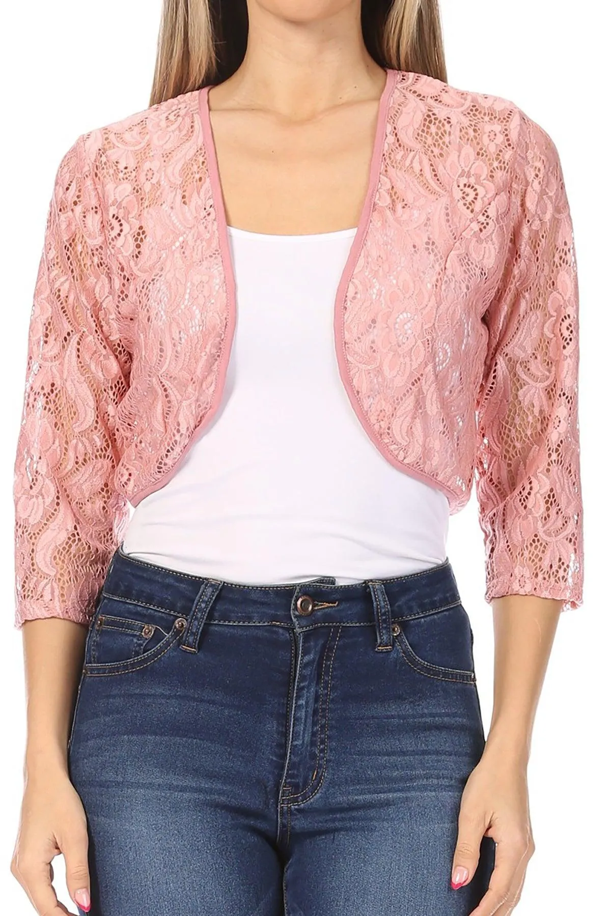 Women's Casual Lace Bolero Crochet Open Cardigan 3/4 Sleeve Sheer Cover Up Jacket