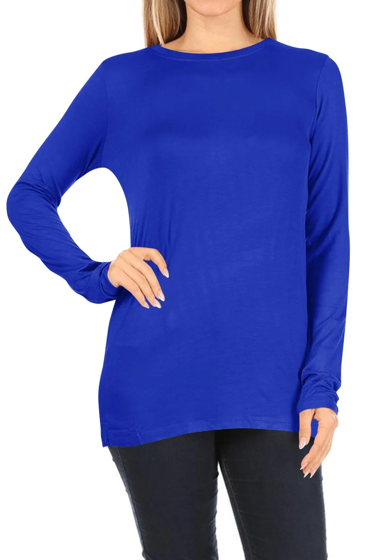 Women's Casual Long Sleeve Solid Stretch Relaxed Fit Basic Pull On T-Shirts Tunic Top