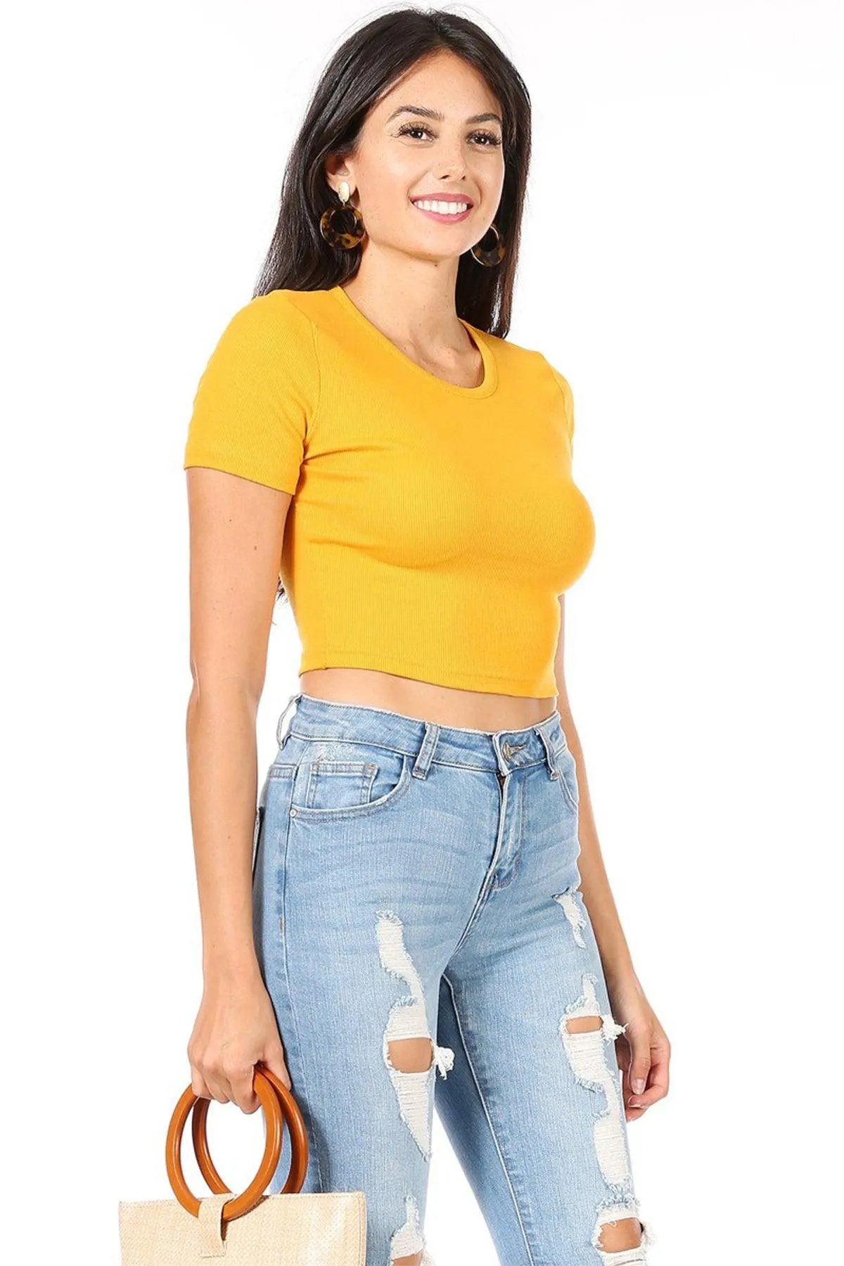 Women's Casual Short Sleeve Solid Stretch Ribbed Crop Top T-Shirt