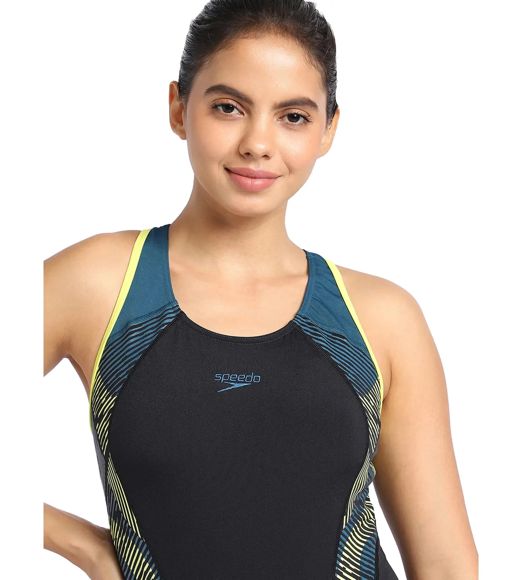 Women's Endurance Printed Racerback One Piece Swimwear - Black  &  Darkteal