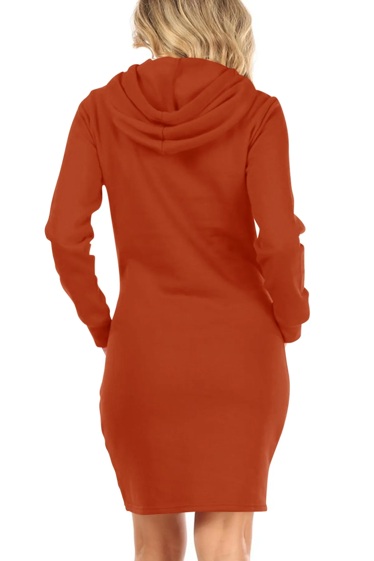 Women's Long Sleeve Fleece Pull On Mini Midi Solid Hooded Dress